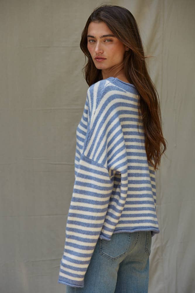 W2297 | Knit Sweater Striped Buttondown Cardigan Top