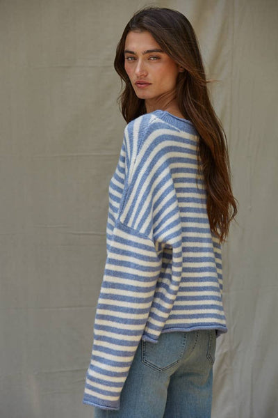 W2297 | Knit Sweater Striped Buttondown Cardigan Top