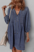V Neck Pleated Denim Mini Dress