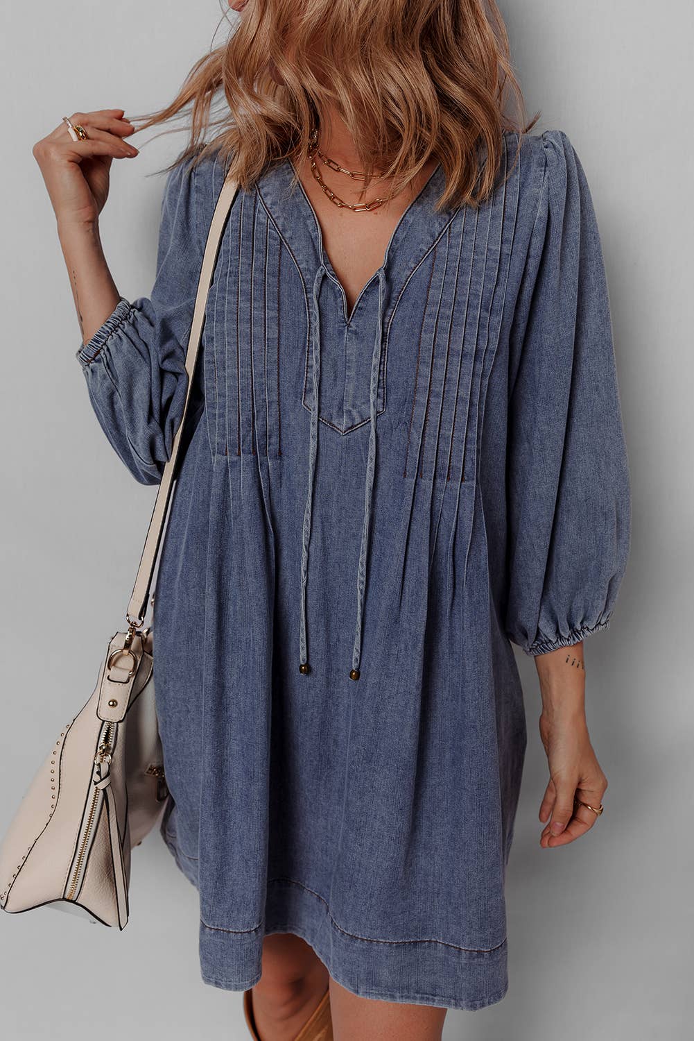 V Neck Pleated Denim Mini Dress