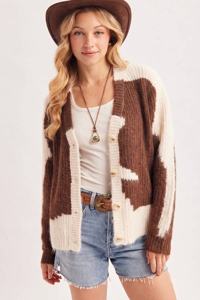 COWHIDE COLORBLOCK BUTTON DOWN FUZZY KNIT SWEATER CARDIGAN