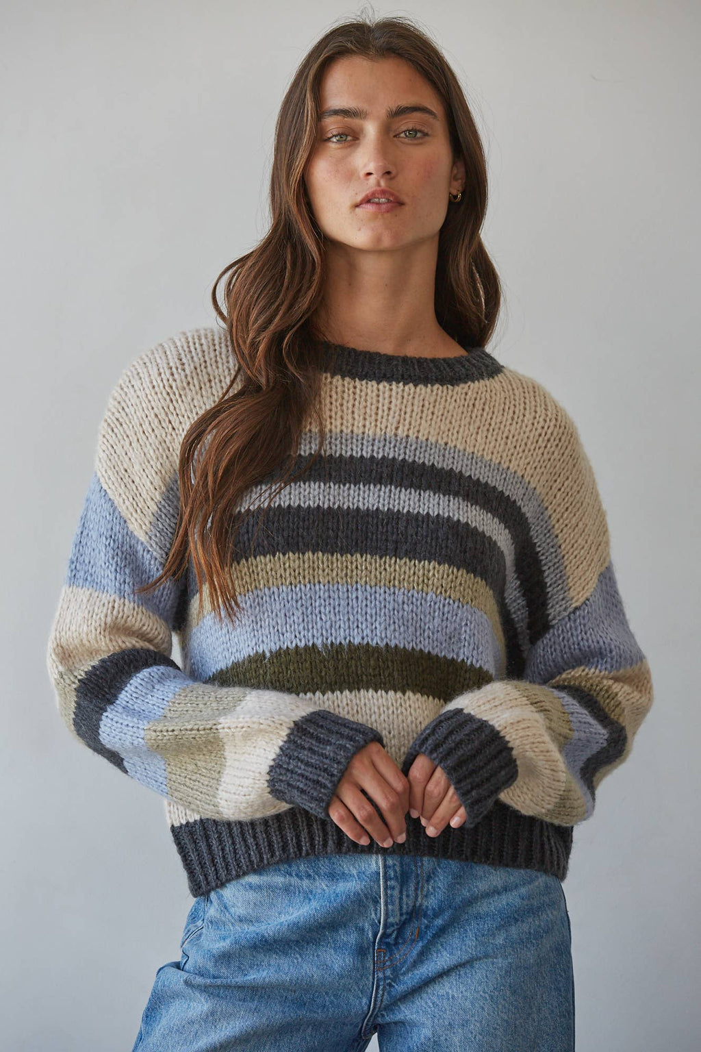 W2547 | Knit Sweater Multi Color Striped Pullover