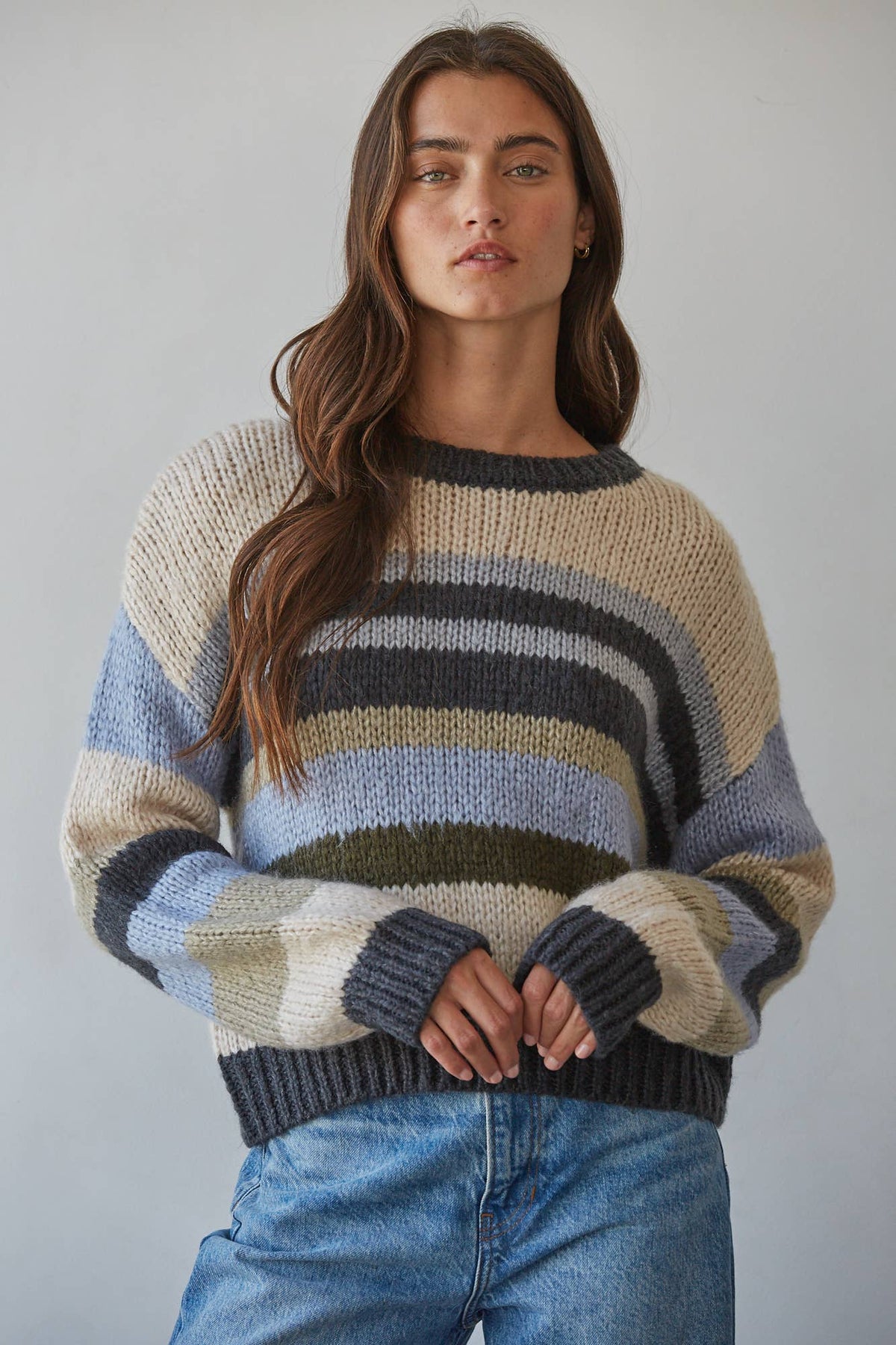 W2547 | Knit Sweater Multi Color Striped Pullover