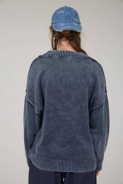 WASHED V NECK LONG SLEEVE OVERSIZED KNIT SWEATER
