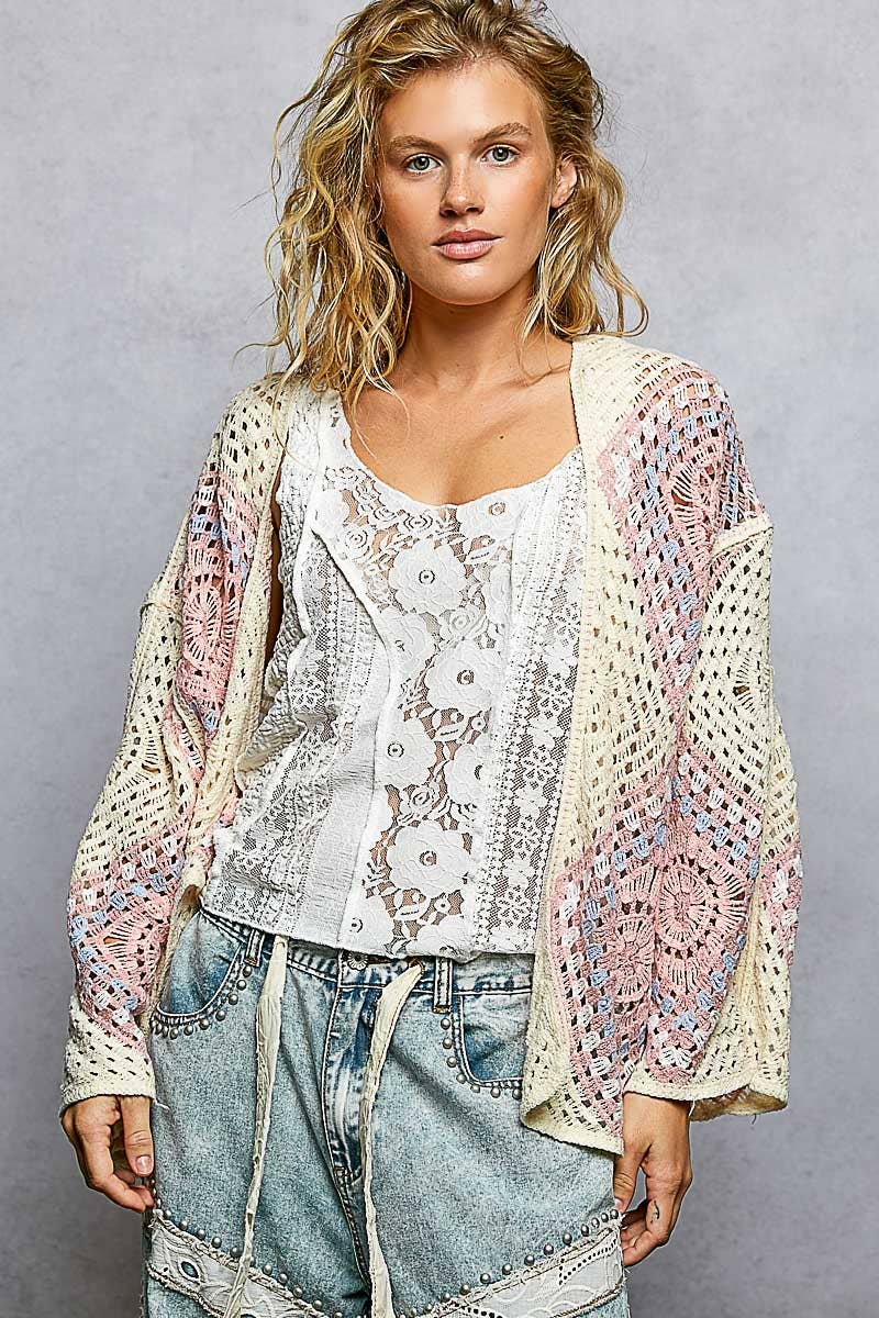 Granny Square Weave Roomy Fit Crochet Open Cardigan Top