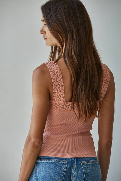 S1217N | Knit Seamless Ribbed Tank Top with Lace Trim