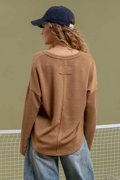 SOLID NOTCH NECK KNIT TOP: ALMOND