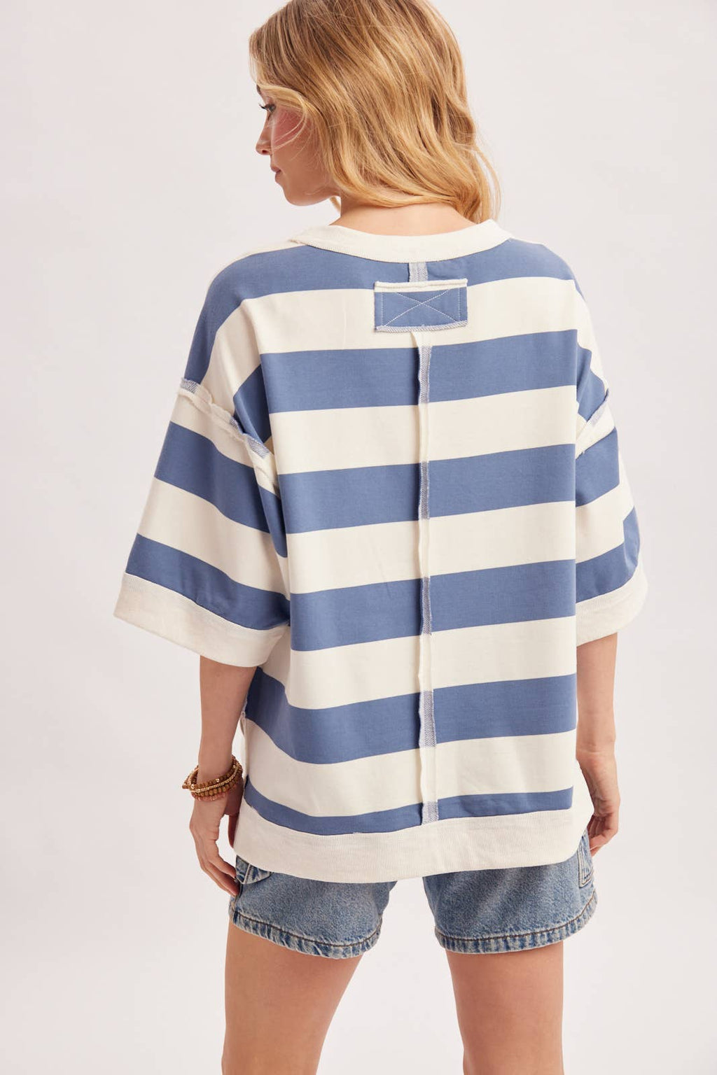 STRIPE OVERSIZED CREW NECK KNIT T-SHIRT TOP