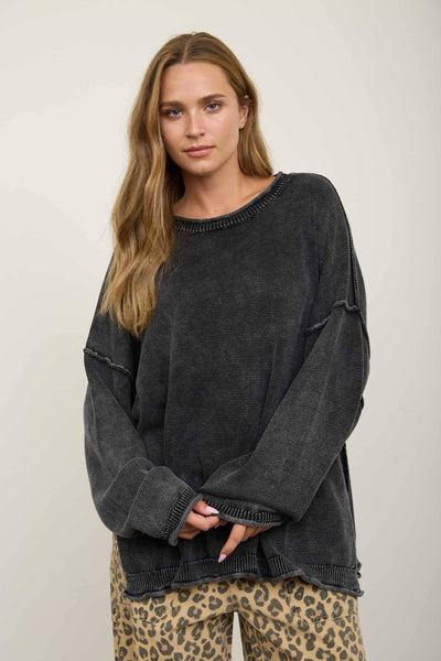 WASHED RAW EDGE CREW NECK DROP SLEEVE SWEATER