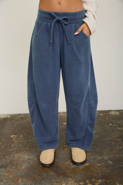 SMOCKED WAIST DRAWSTRING BARREL LEG SWEATPANTS