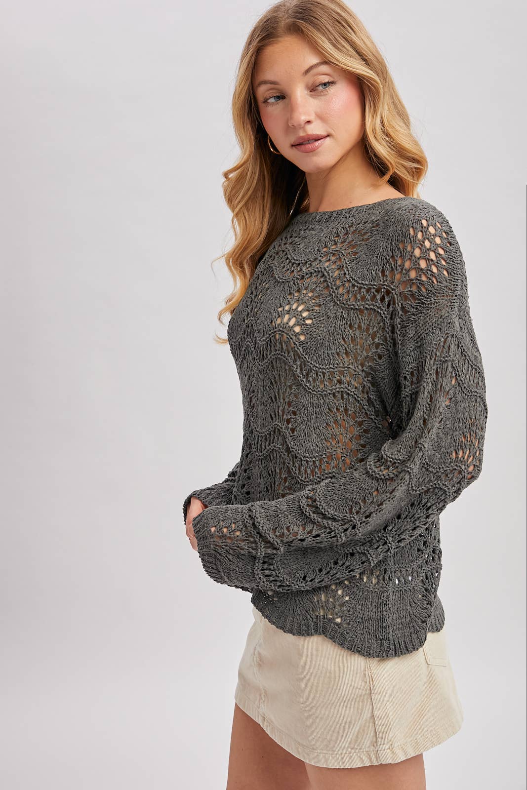 BOAT NECK SCALLOPED HEM OPEN KNIT SWEATER