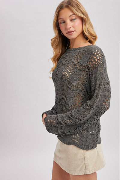 BOAT NECK SCALLOPED HEM OPEN KNIT SWEATER