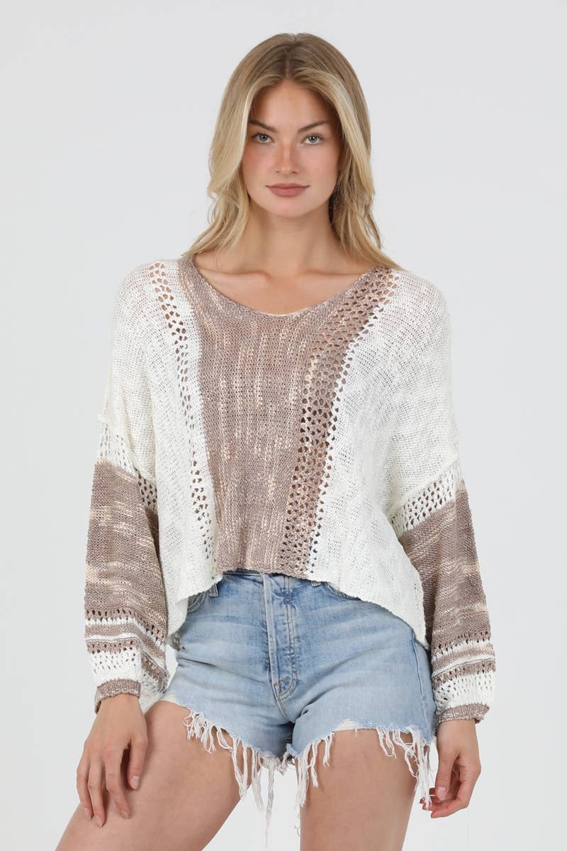 BEACHY LIGHT WEIGHT V NECK CROP PULLOVER SWEATER