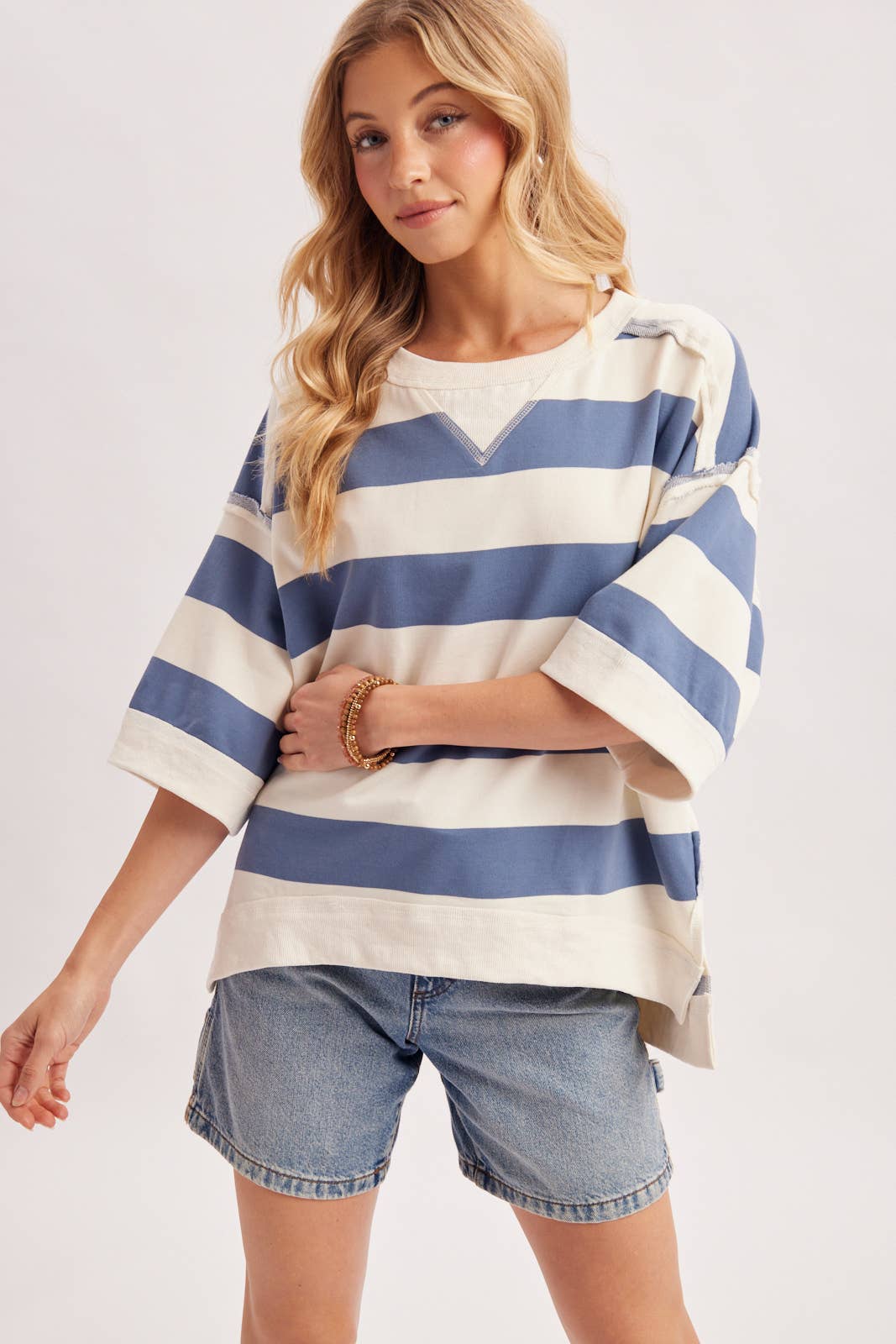 STRIPE OVERSIZED CREW NECK KNIT T-SHIRT TOP