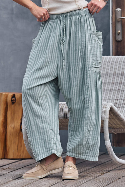Striped Cotton Drawstring Harem Pants