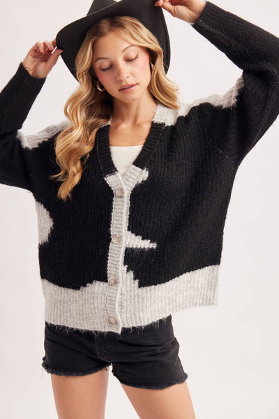 COWHIDE COLORBLOCK BUTTON DOWN FUZZY KNIT SWEATER CARDIGAN