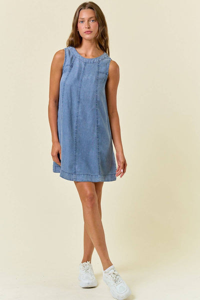 Chambray Round Neckline Sleeveless A-Line Mini Dress -28027D