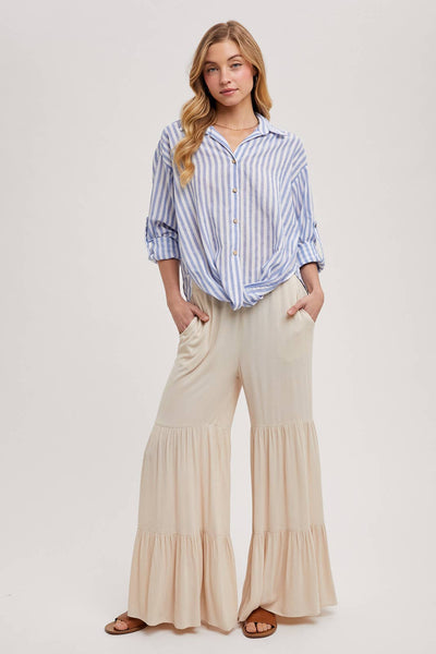 STRIPED BUTTON DOWN KNOTTED FRONT SHIRT