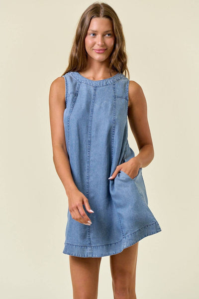 Chambray Round Neckline Sleeveless A-Line Mini Dress -28027D