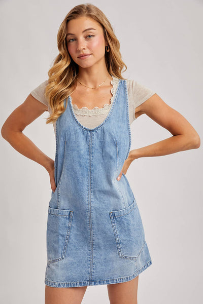 DENIM WASHED OVERALL POCKET DRESS
