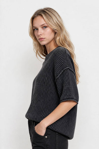 WASHED CREW NECK RAW EDGE SHORT SLEEVE SWEATER