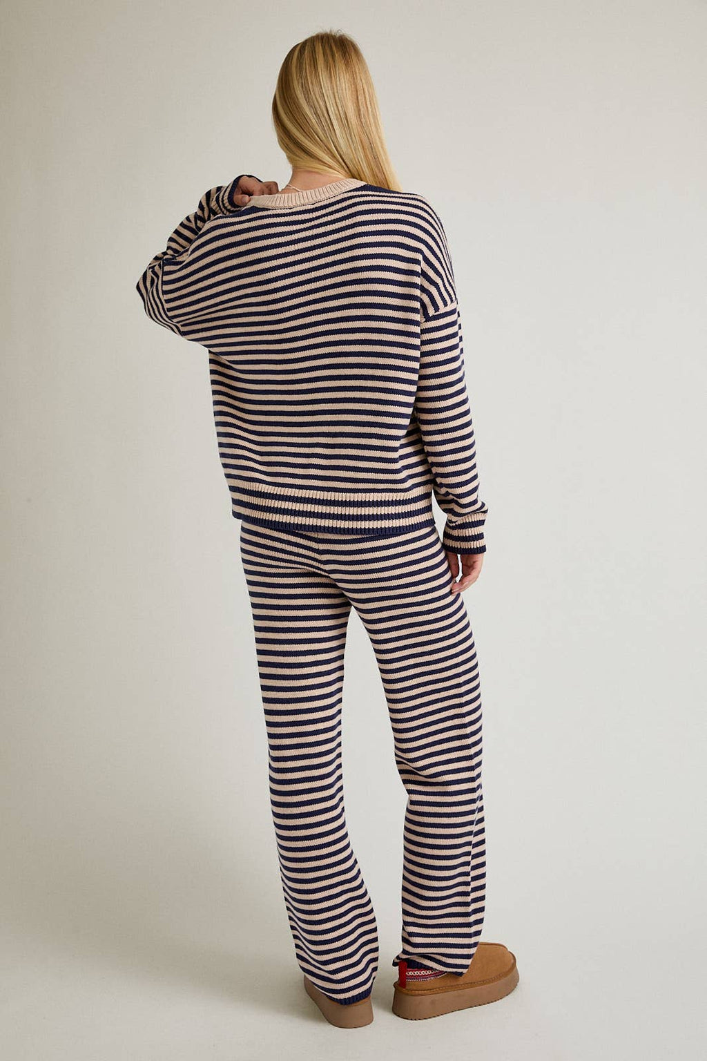 CREW NECK STRIPE SWEATER & WIDE LEG PANTS