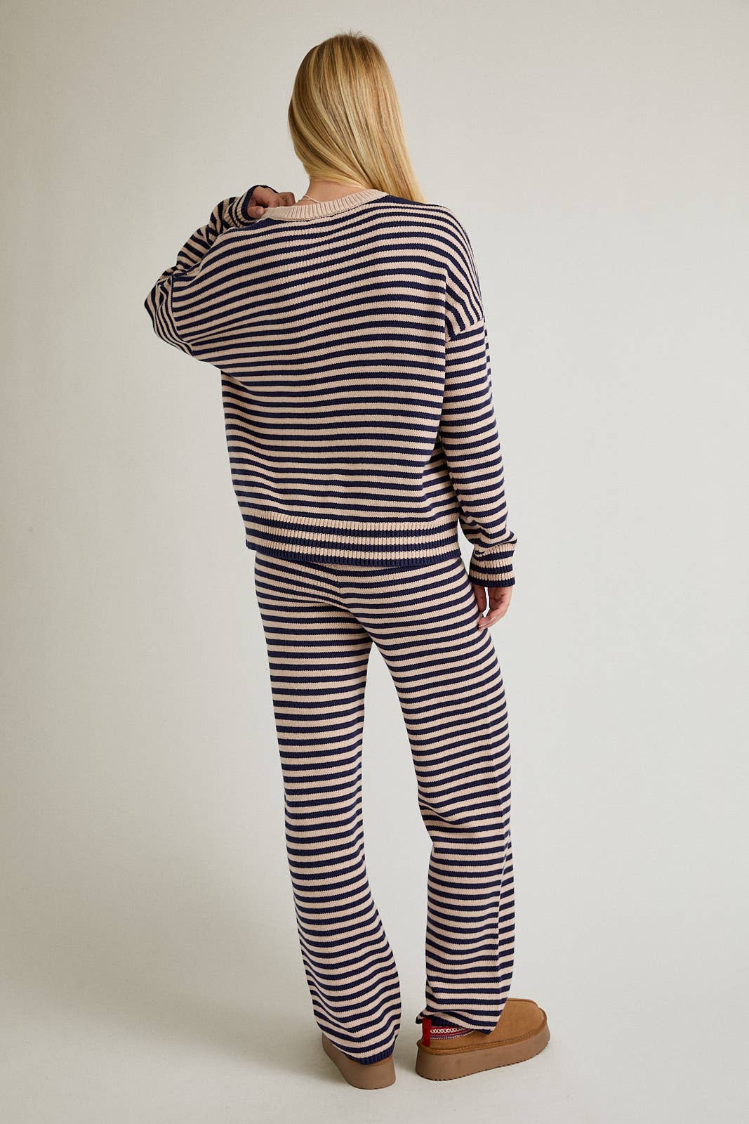 CREW NECK STRIPE SWEATER & WIDE LEG PANTS