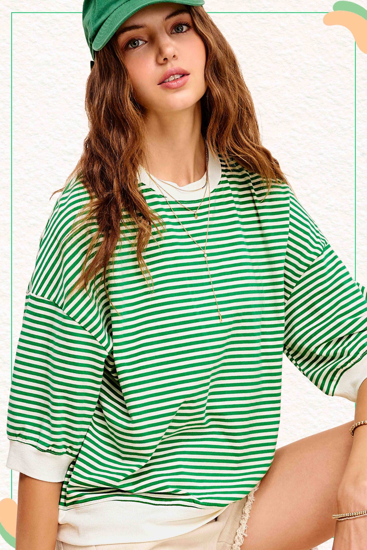 MCT7688-Loose Fit Striped Short Sleeve Crew Neckline Top