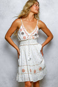 Sleeveless Smocked Waistband Floral Embroidered Print Dress