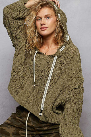 Oversize fit v-neck hooded cable knit chenille sweater