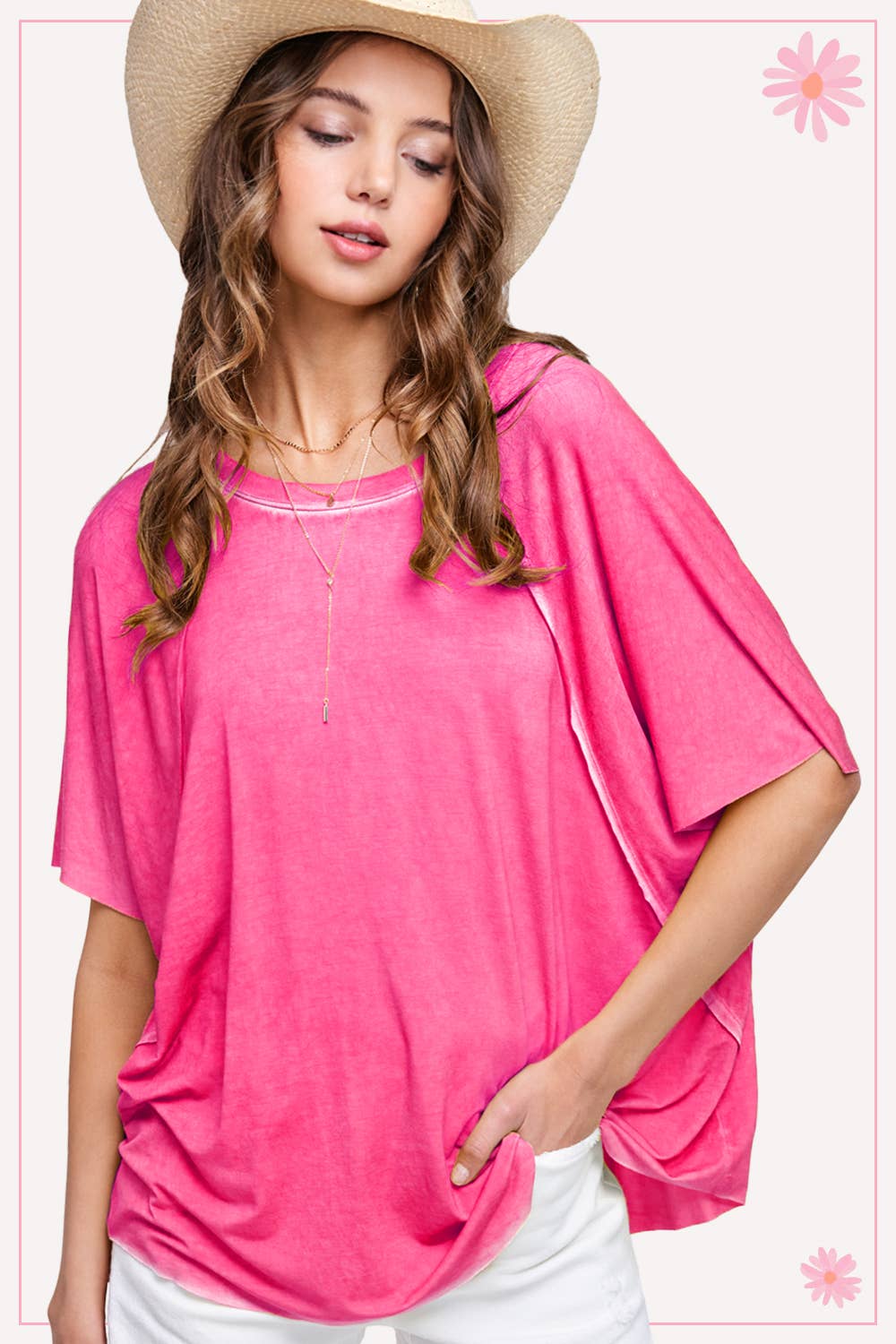 HBT7653-Dyed Fabric Round Neck Batwing Short Sleeve Top