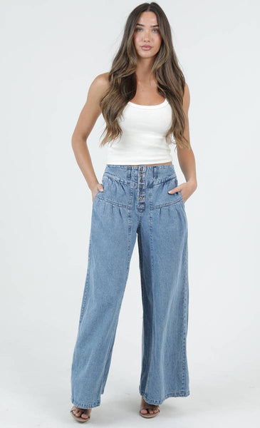 B3794-ASIS ACID WASH BUTTON FRONT WIDE LEG PANTS