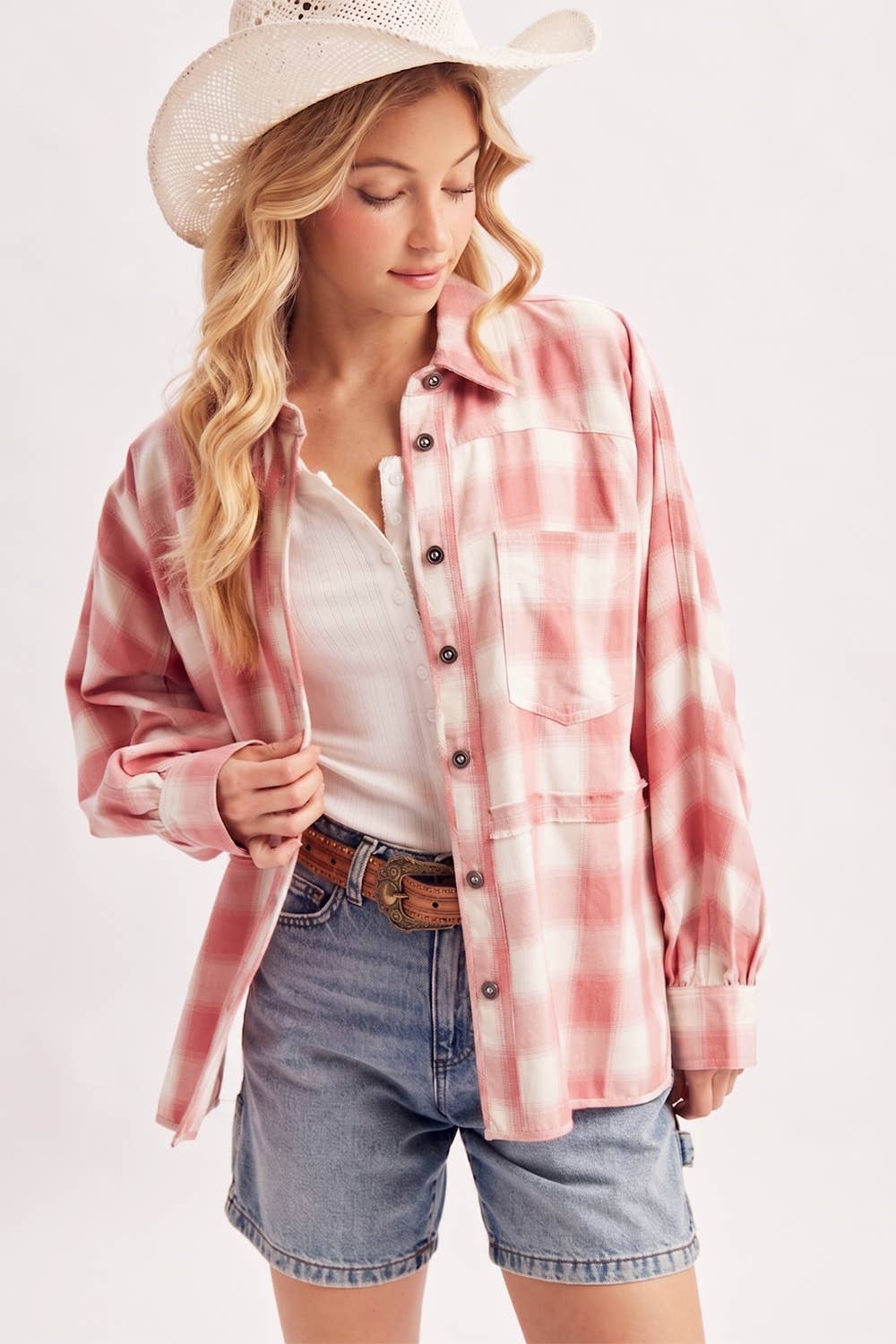 BUTTON DOWN PLAID SHACKET