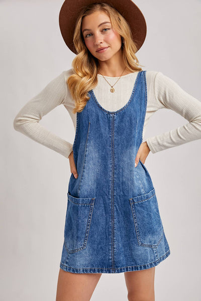 DENIM WASHED OVERALL POCKET DRESS