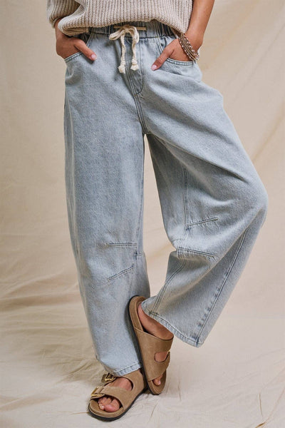 Relaxed Drawstring Barrel Denim Pants