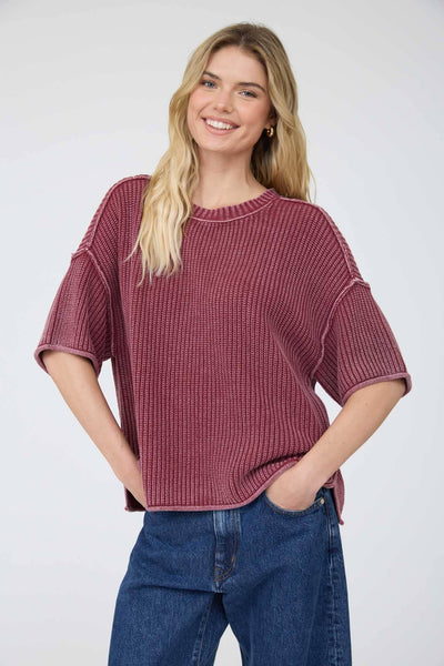WASHED CREW NECK RAW EDGE SHORT SLEEVE SWEATER