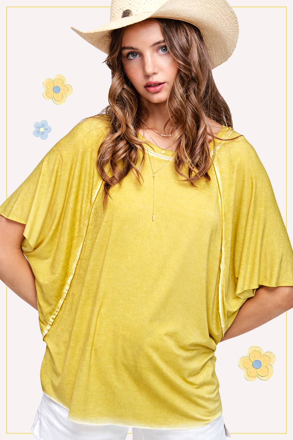HBT7653-Dyed Fabric Round Neck Batwing Short Sleeve Top
