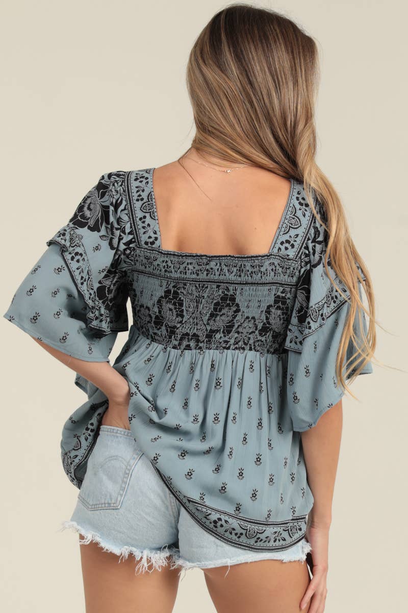 RUFFLE SLEEVES SMOCKED BUST BLOUSE