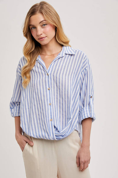 STRIPED BUTTON DOWN KNOTTED FRONT SHIRT