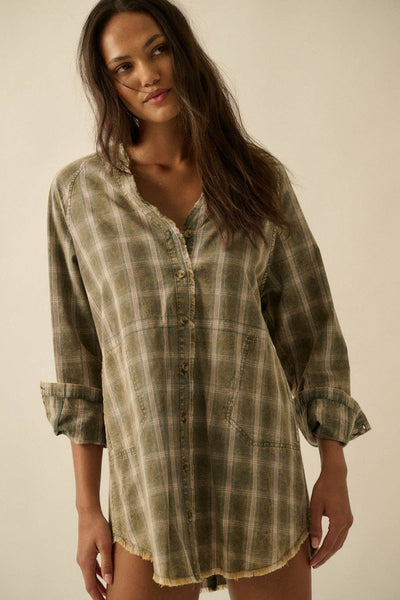 Plaid Flannel Raw-Edge Button-Up Mini Shirt Dress
