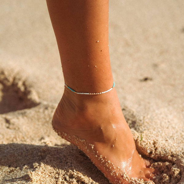 Gembira Beaded Anklet, Blue & White Surf Ankle Bracelet
