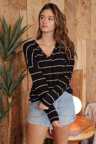 STRIPE V NECK DROP SHOULDER LONG SLEEVE  KNIT TOP