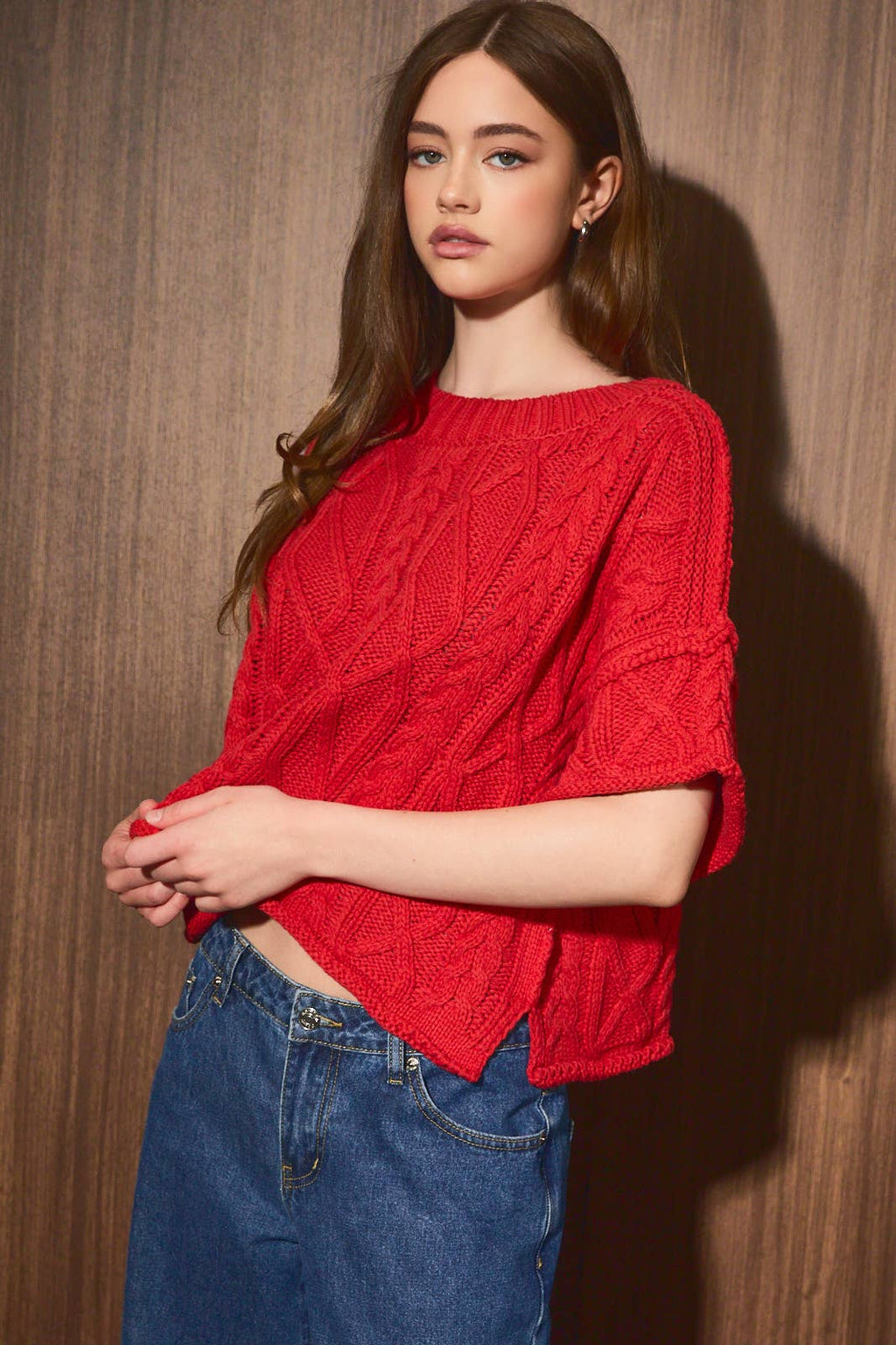 ROUND NECK SHORT SLEEVE KNIT SWEATER TOP