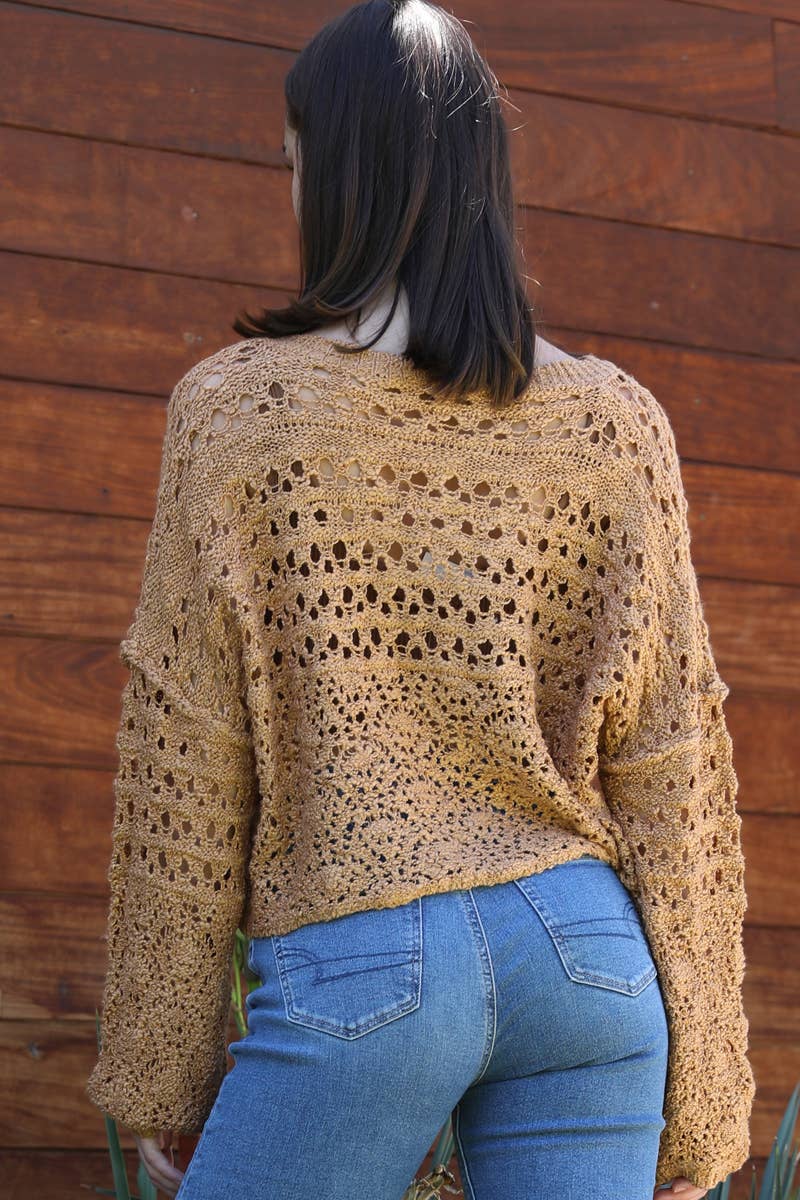 OPEN KNIT V NECK PULLOVER SWEATER