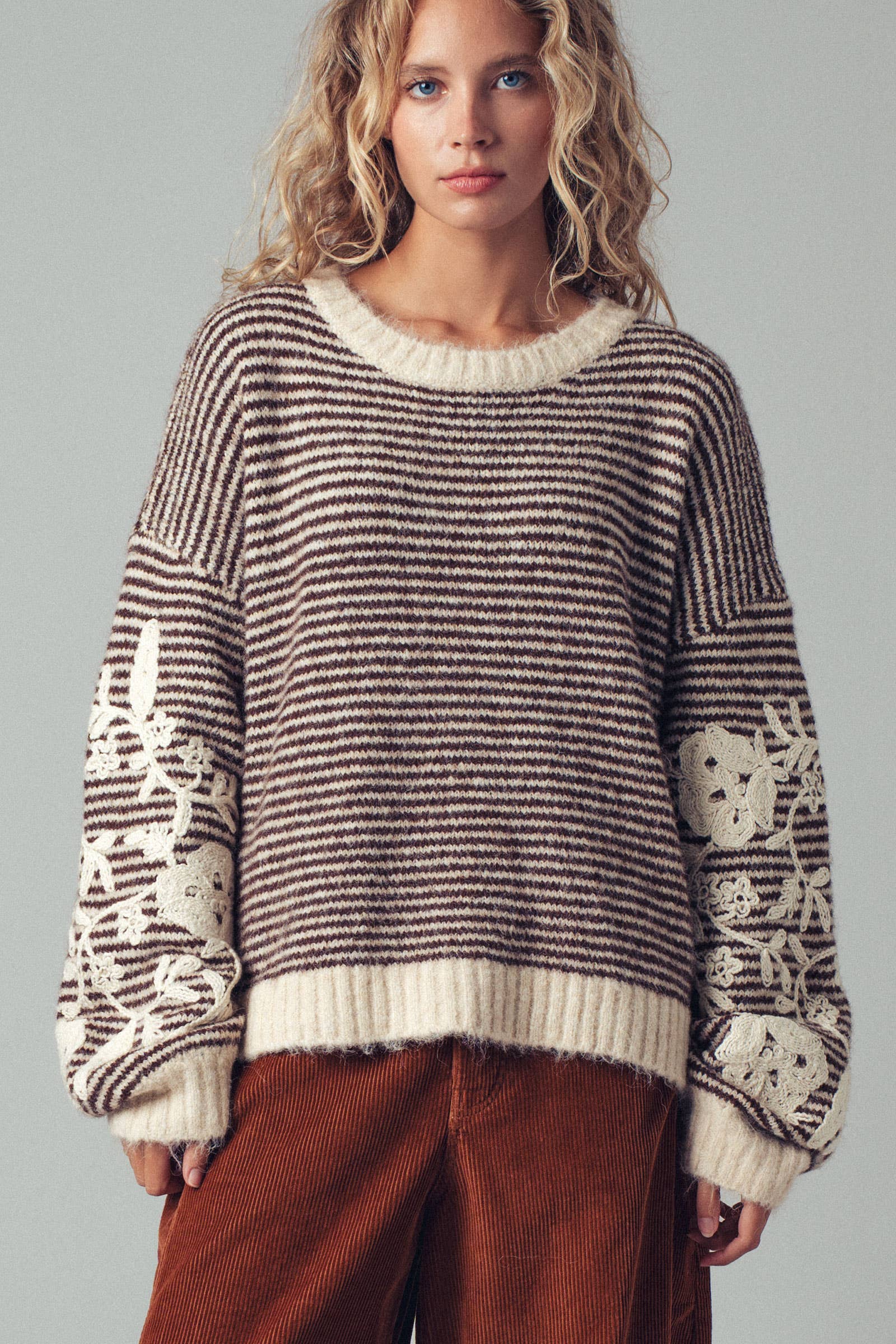 Floral Embroidered Striped Knit Sweater
