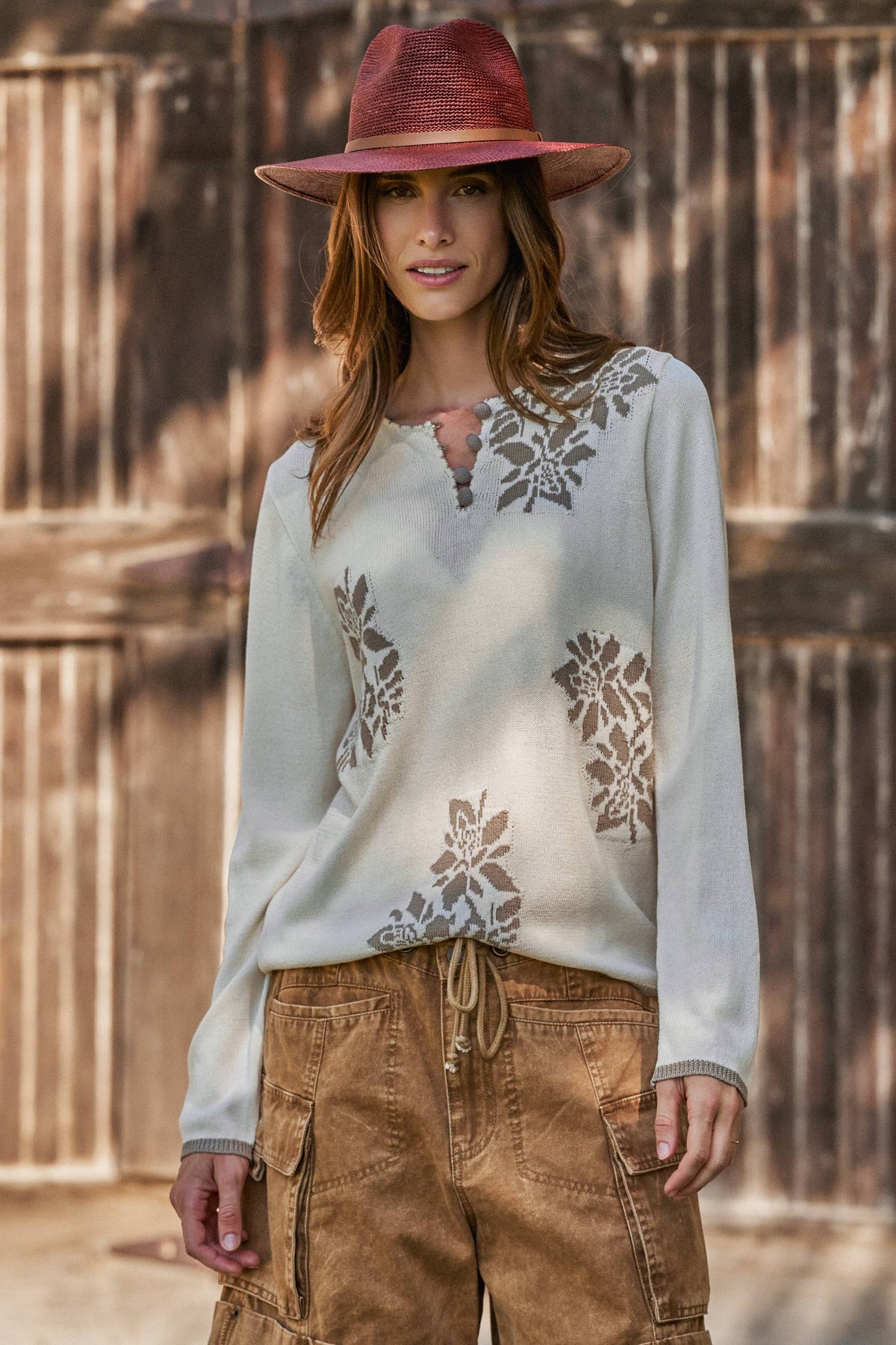 Floral Henley Knit Sweater With Buttons