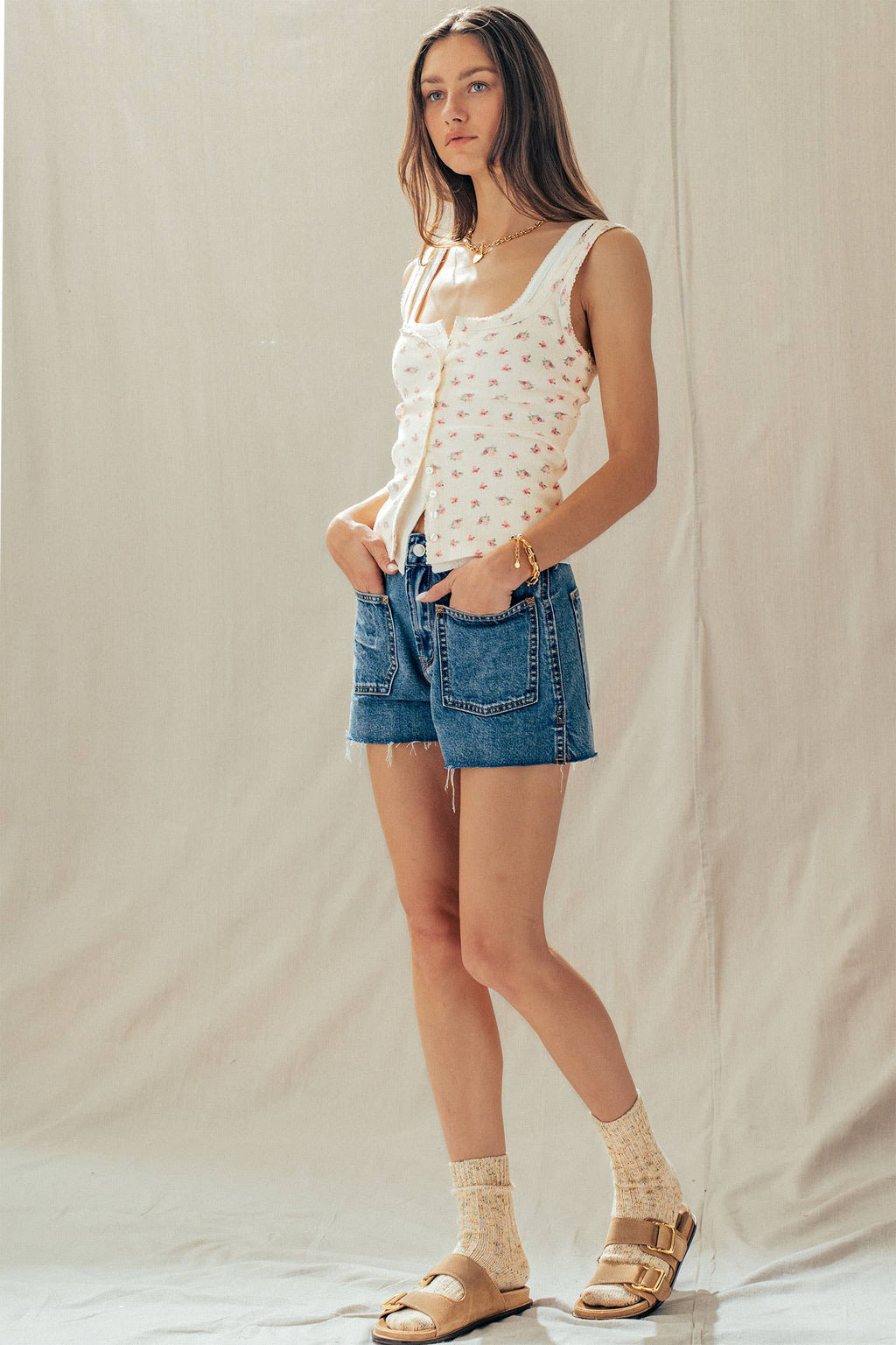 Ribbed Cotton Button-Front Picot Trim Tank