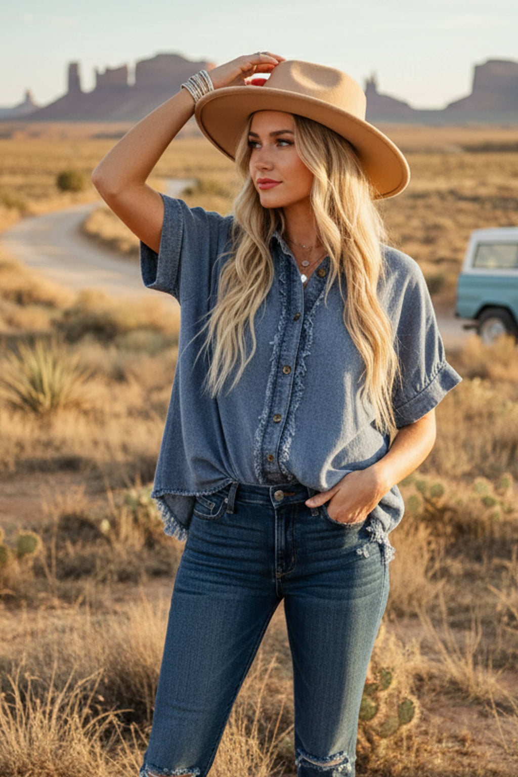 Oversized Frayed Trim Denim Button Top
