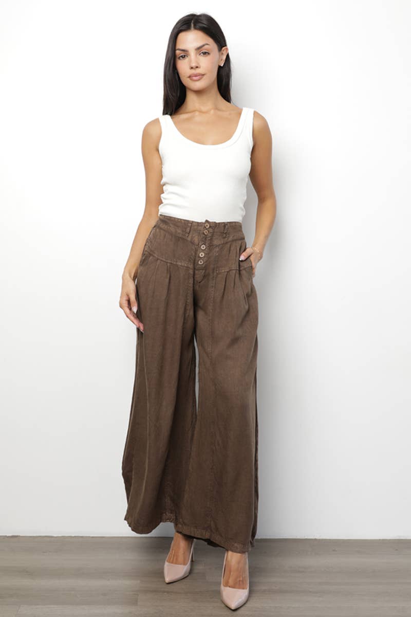 B3794-ASIS ACID WASH BUTTON FRONT WIDE LEG PANTS