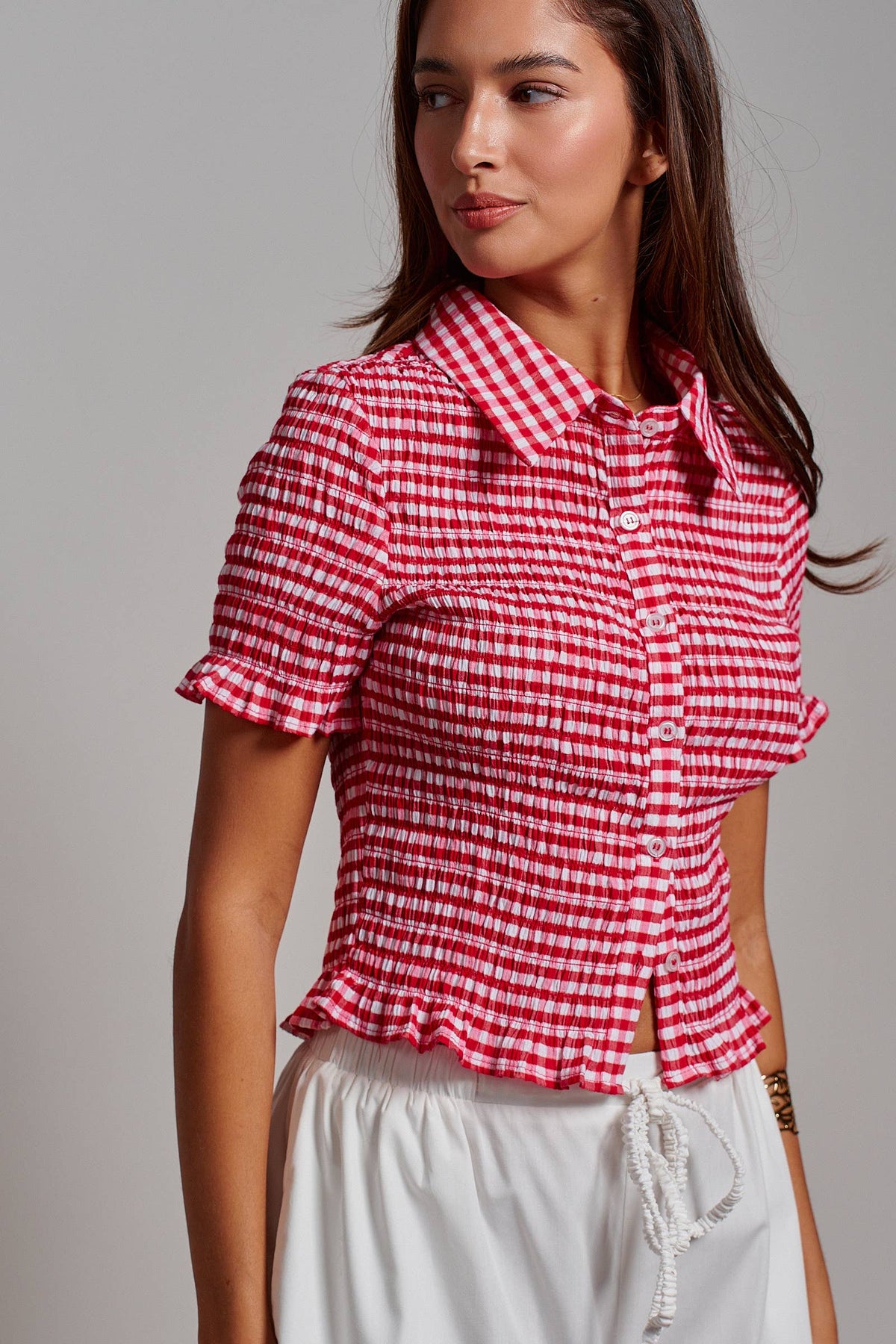 All-Over Smocked Gingham Button-Up Shirt